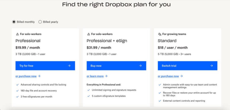 dropbox business prices