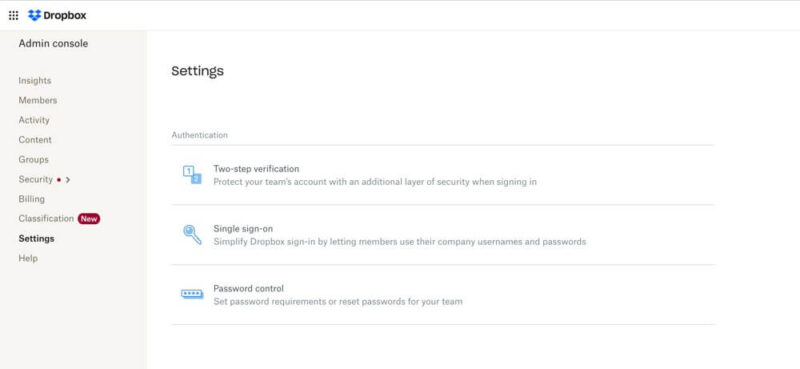 dropbox business security settings