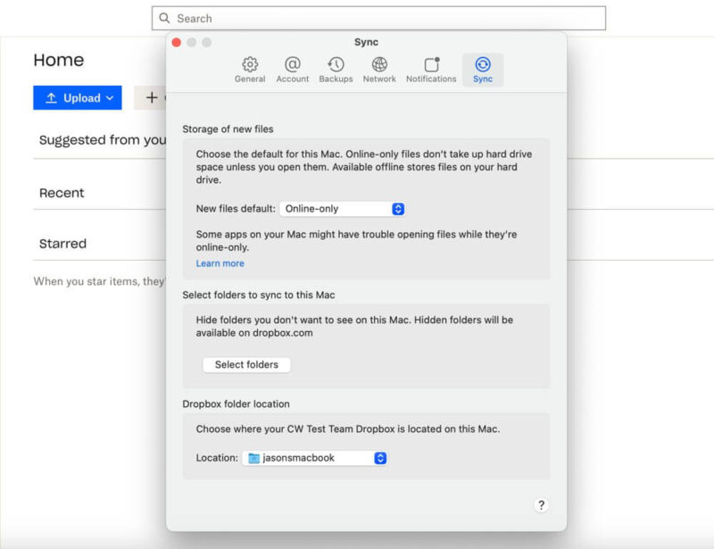 dropbox business sync settings