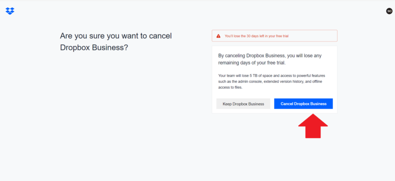 dropbox cancel confirm business
