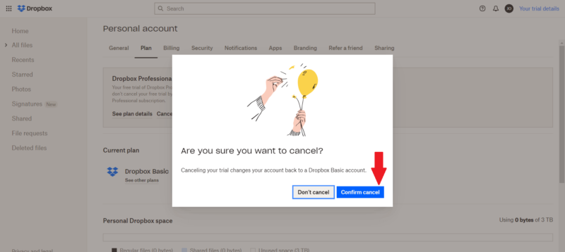 dropbox cancel confirm