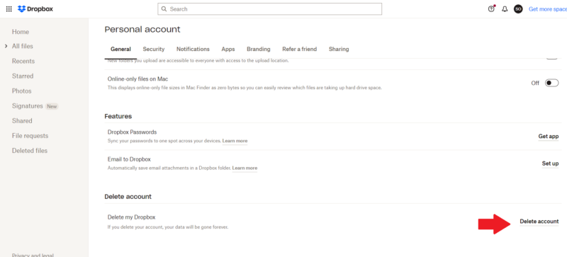 dropbox cancel delete account