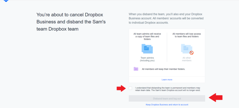 dropbox cancel disband