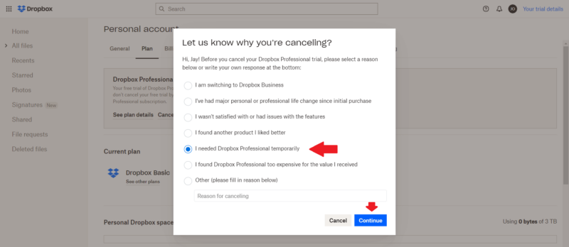 dropbox cancel leaving
