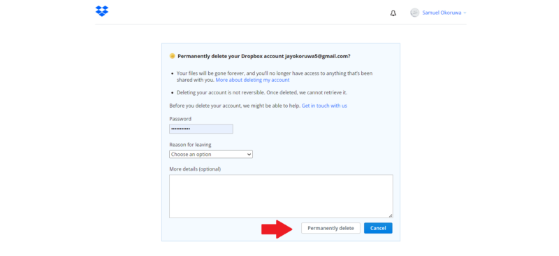dropbox cancel permanently delete