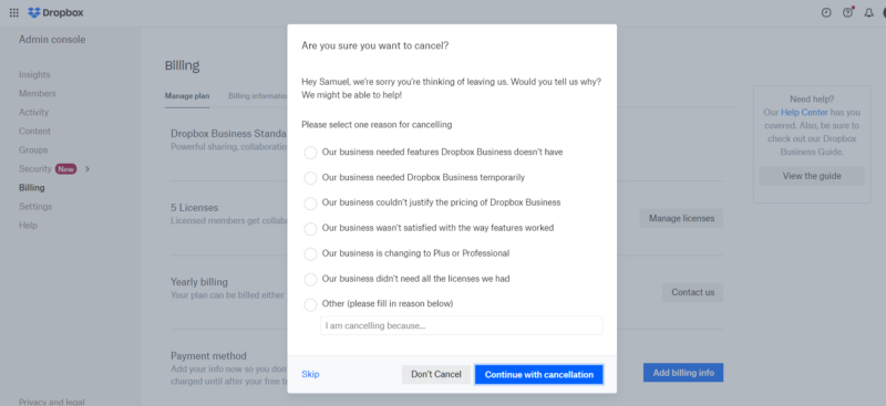dropbox cancel reason