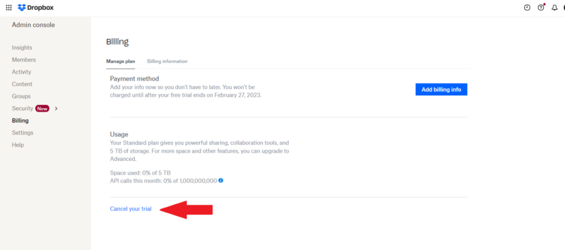 dropbox cancel trial 2