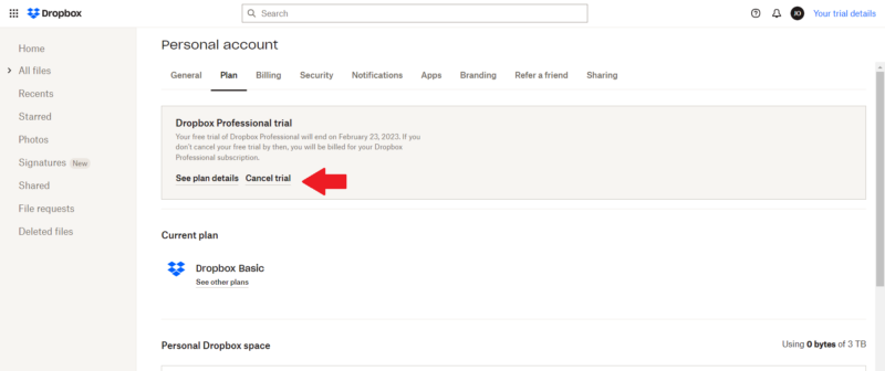 dropbox cancel trial link