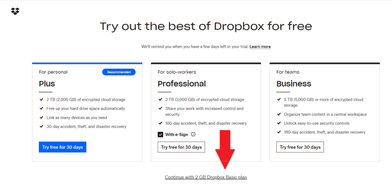 dropbox free continue 2gb