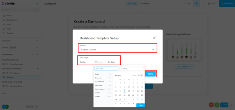 setting up dashboard template