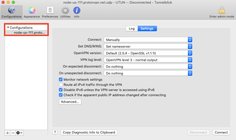 tunnelblick vpn details select configuration