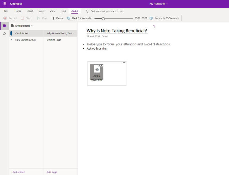 onenote audio