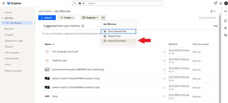 dropbox recover rewind folder