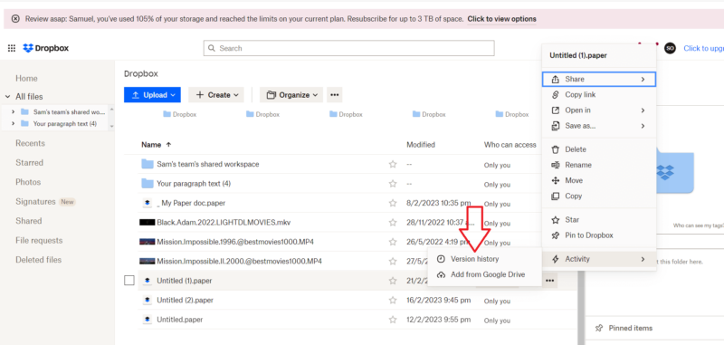 dropbox recover version history
