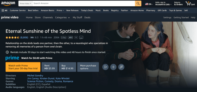 eternal sunshine of the spotless mind amazon prime