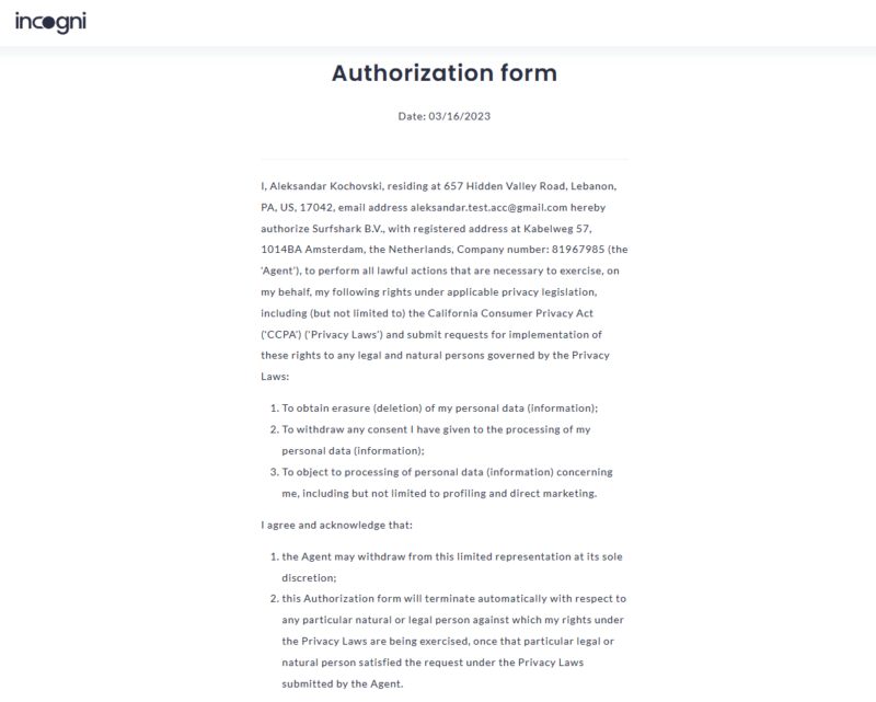 incogni authorization form
