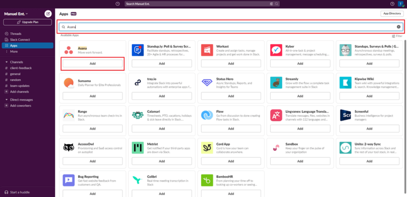 adding asana from the apps section