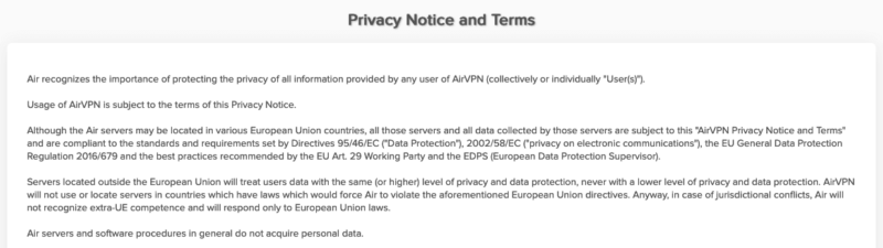 airvpn privacy policy