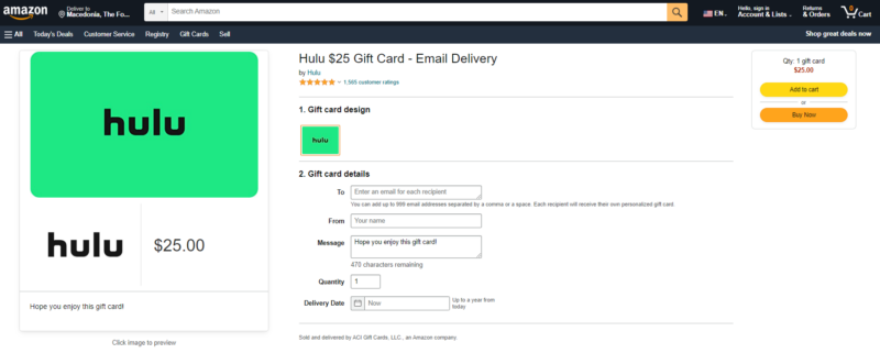 hulu amazon gift card