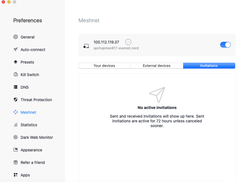 nordvpn meshnet invitations tab