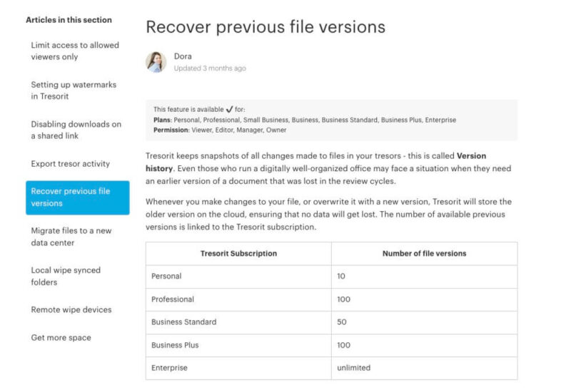 tresorit file versions