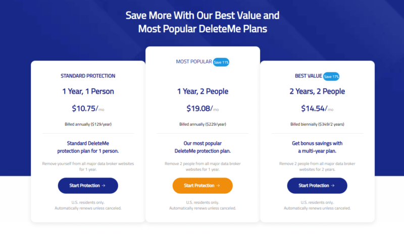 deleteme pricing plans