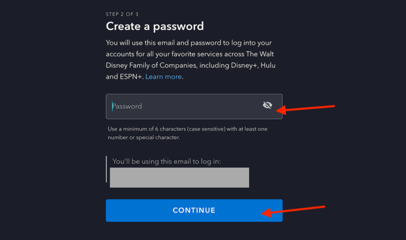 disney plus create password