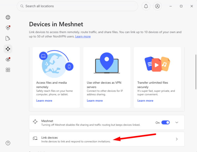 NordVPN Meshnet menu with arrow pointing to 