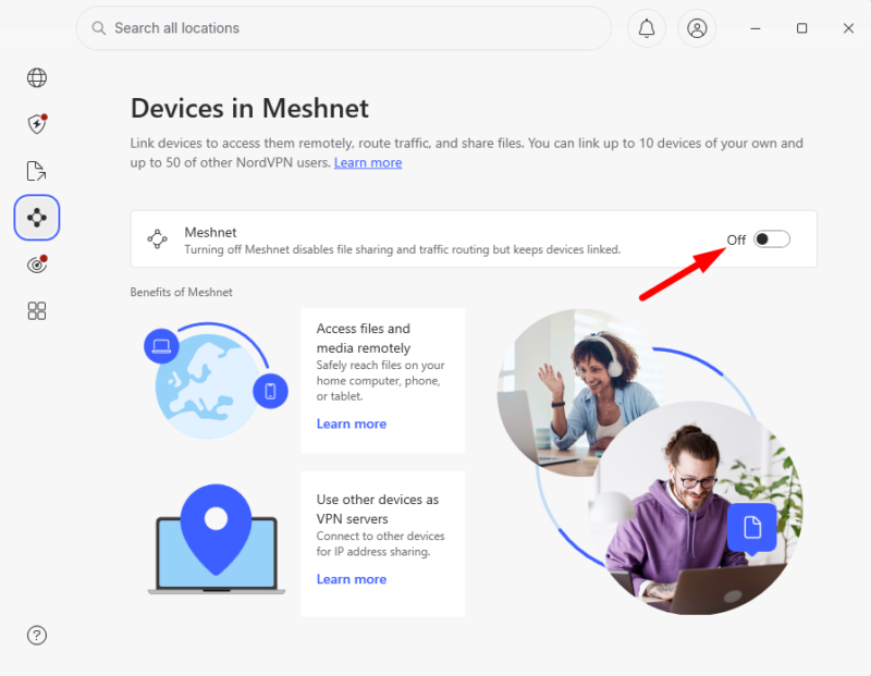 NordVPN Meshnet with arrow pointing to on/off toggle