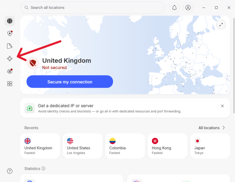 NordVPN interface with arrow pointing to Meshnet icon