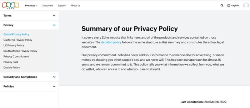 zoho privacy