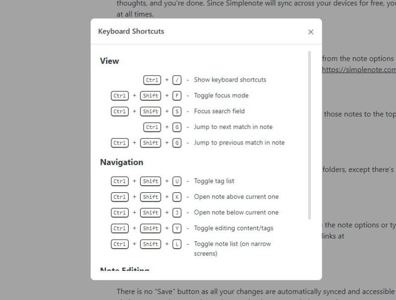 Simplenote keyboard shortcuts