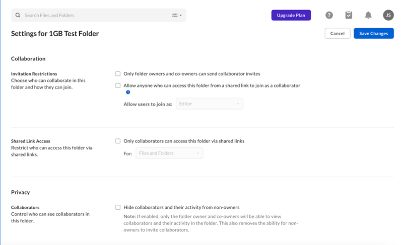 box folder settings options