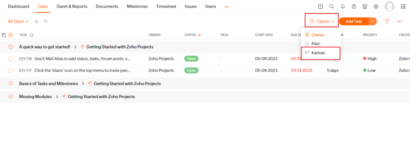 zoho choose kanban