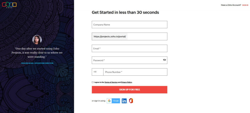 zoho projects signup