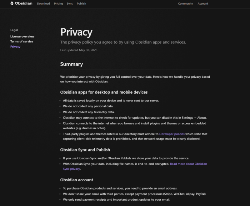 obsidian privacy policy