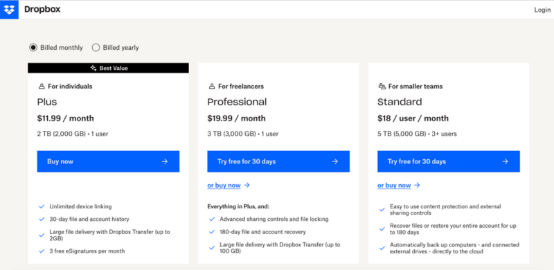 dropbox pricing