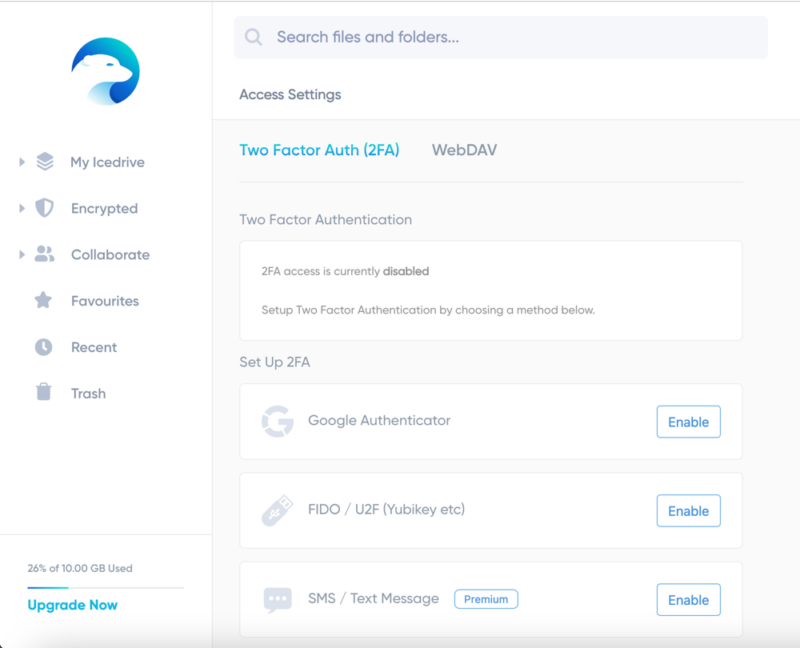 icedrive security settings