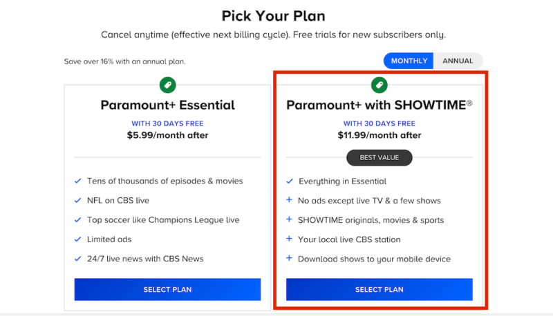 paramount plus plans