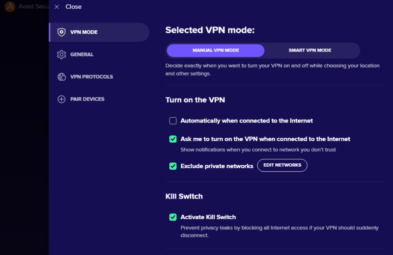 Avast SecureLine VPN modes