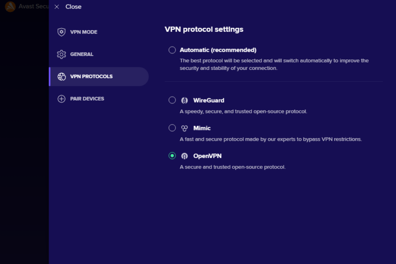 Avast VPN protocols