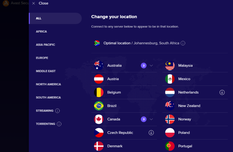 Avast VPN streaming servers
