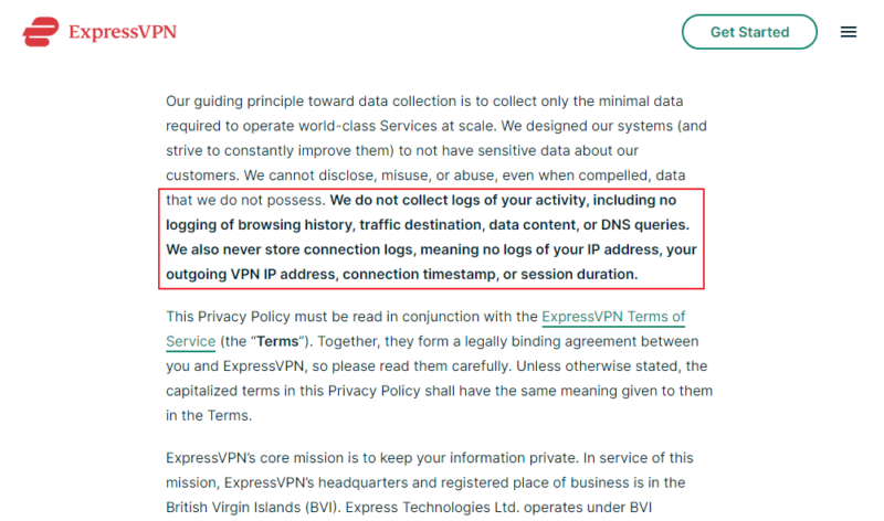 ExpressVPN logs policy