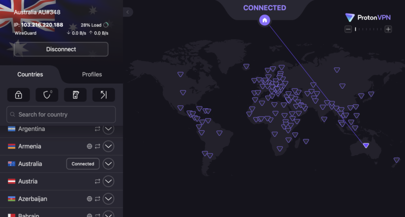 Proton VPN connected to Australia