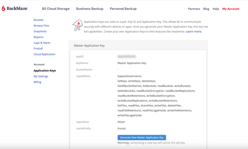 backblaze application keys