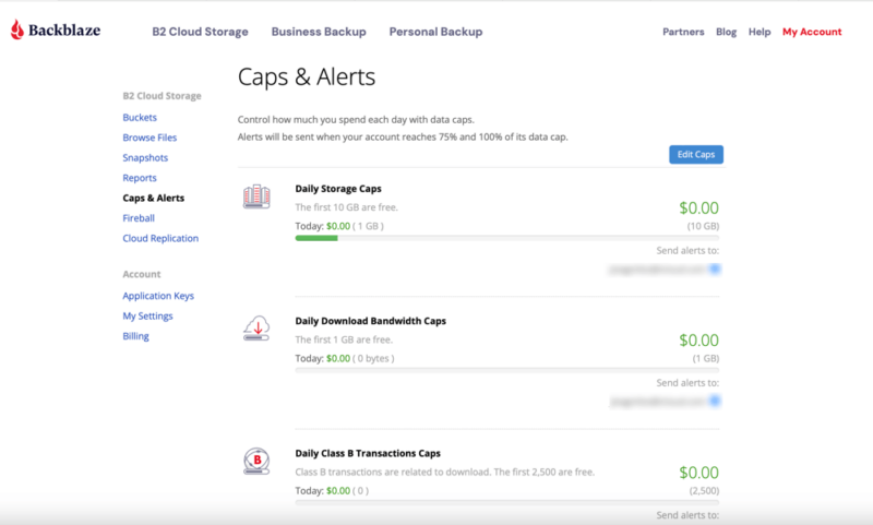 backblaze caps and alerts