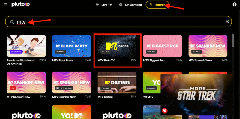 pluto tv search mtv