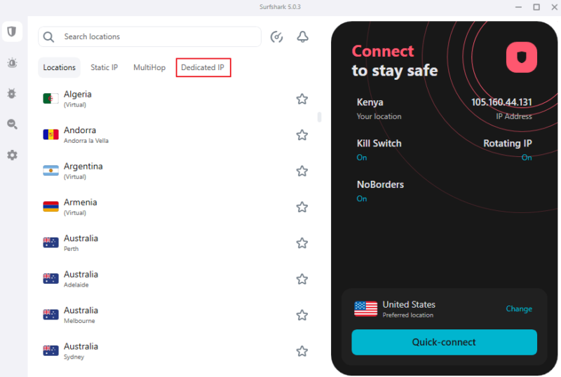 Surfshark VPN connection tab