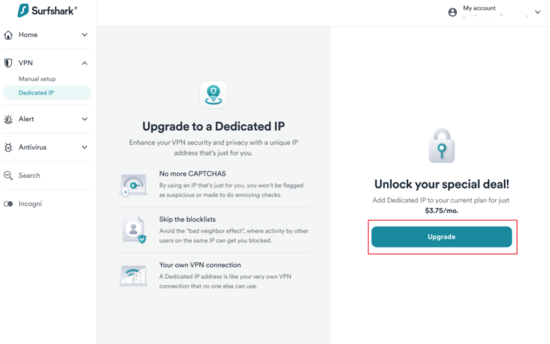 Surfshark dedicated IP section