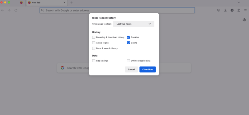 firefox clear cache and cookies